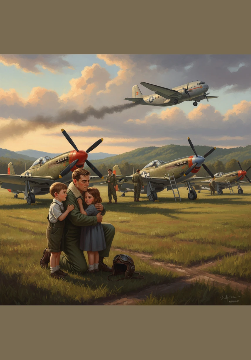 The roar of engines fills the air as Arthur’s squadron lifts off, their planes cutting through a thick layer of morning clouds. Below, the patchwork fields of the countryside begin to fade into the distance as they head toward the horizon.