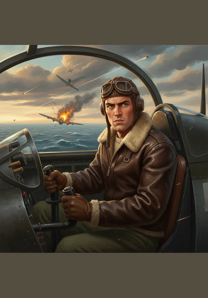 High above the sea, the sky turns dark with the smoke of distant battles and the sudden burst of anti-aircraft fire. Arthur grips the controls tightly, maneuvering his aircraft with precision through the chaotic dance of iron and wind.
