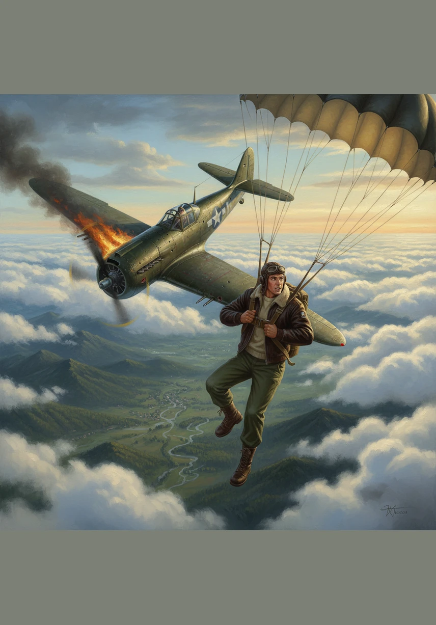 Arthur notices a fellow pilot struggling with a smoking engine and maneuvers his plane close to offer a reassuring signal. He stays by his friend's side, shielding him from danger as they descend toward a safe landing zone.