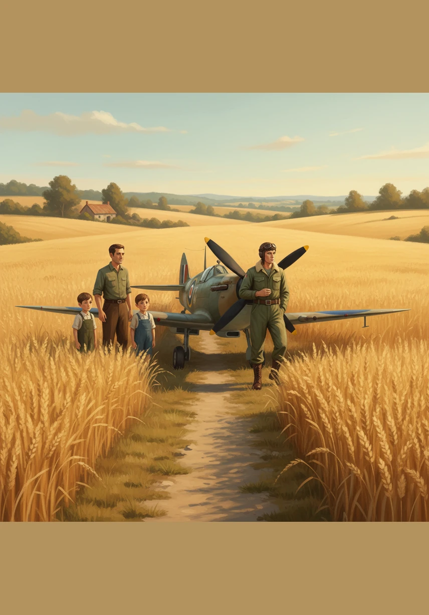 The Spitfire touches down on a bumpy, makeshift runway hidden within a golden wheat field in the countryside. Arthur climbs out of the cockpit, his boots sinking into the soft earth as he surveys the quiet landscape.