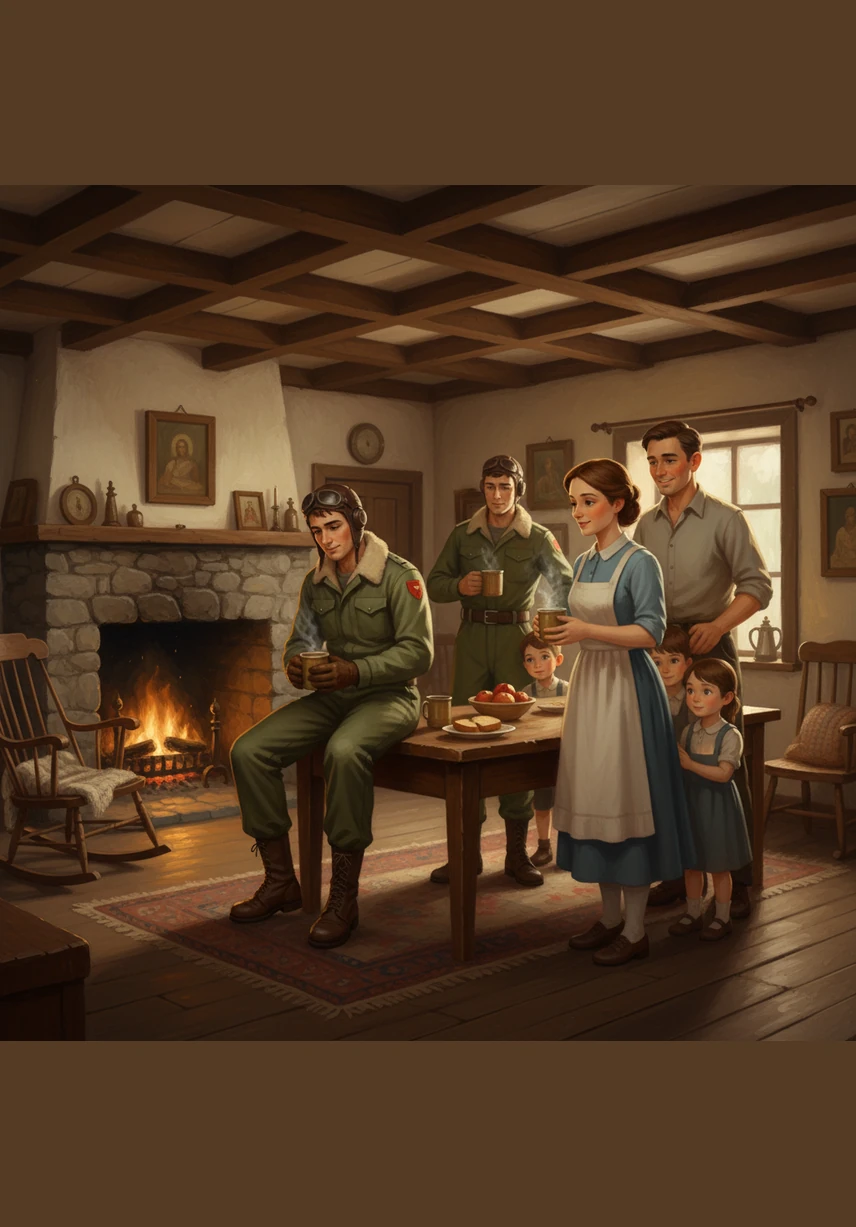 A local family welcomes Arthur into their humble farmhouse, sharing a simple meal by the warmth of a hearth. Despite the language barrier, their kind eyes and shared bread speak of a universal hope for the end of the conflict.