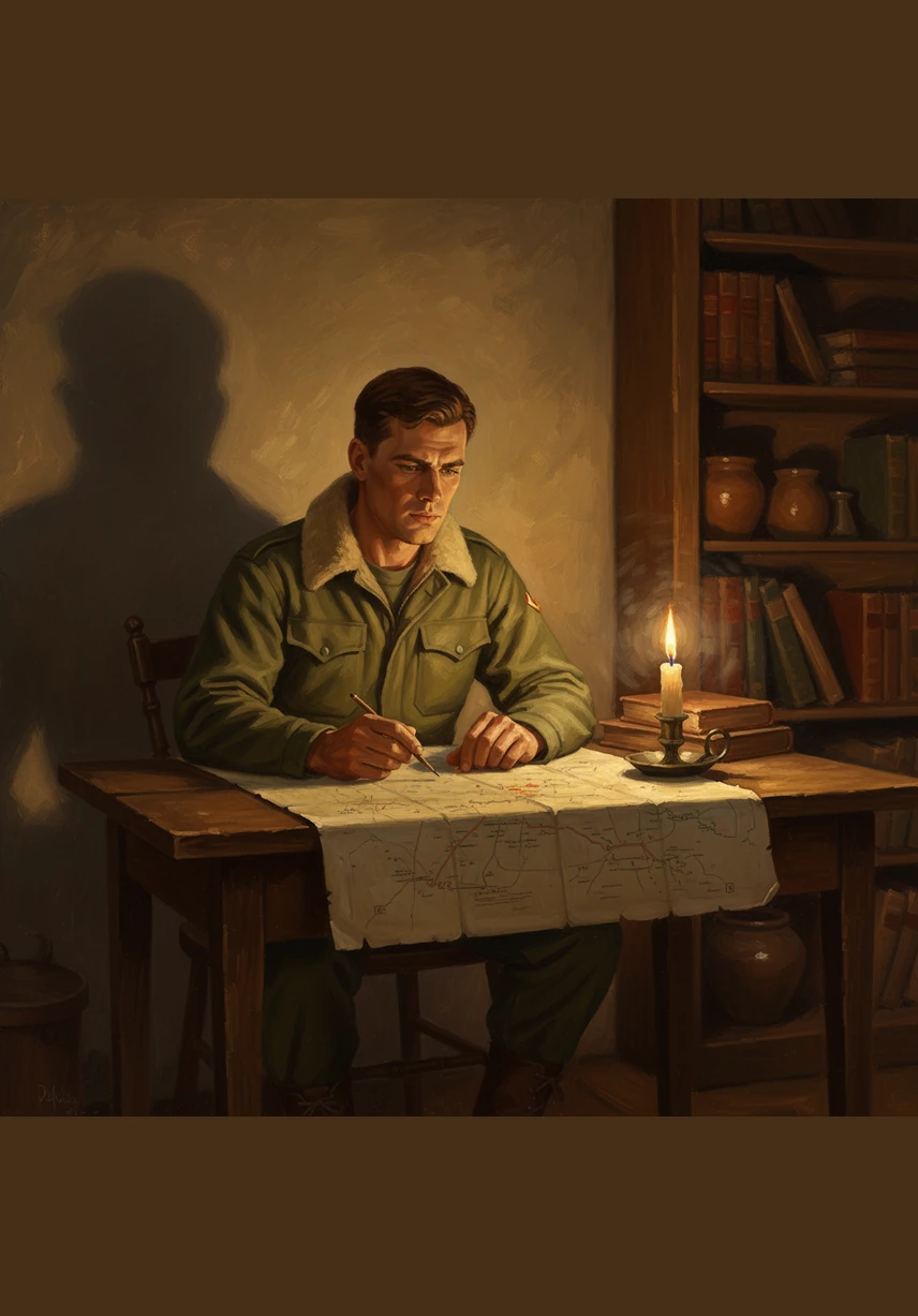 That night, Arthur studies a worn paper map by the flickering light of a single candle, plotting his return route. The shadows on the wall seem to dance with the weight of history, yet his resolve remains unshaken.