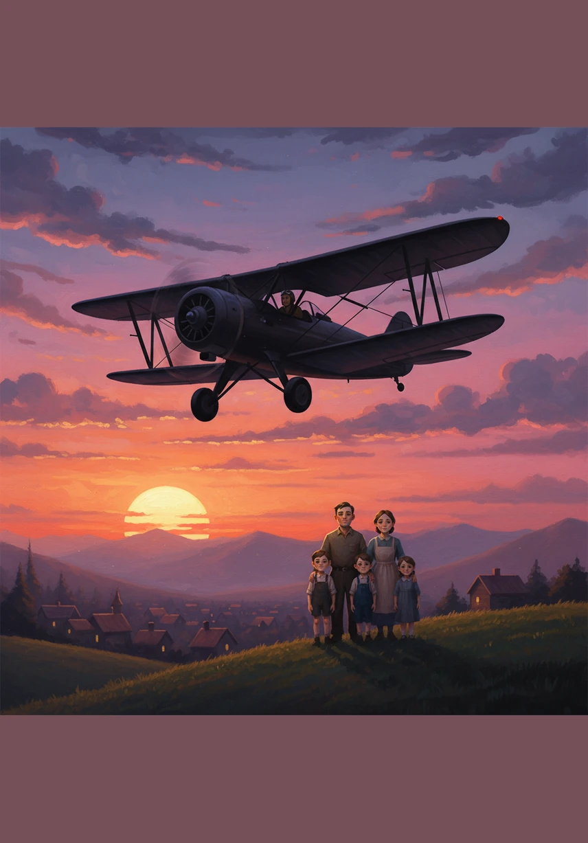 As the sun sets in a brilliant display of orange and purple, Arthur takes to the skies once more for the final leg of his journey. The silhouette of his plane against the twilight sky serves as a lone beacon of resilience.