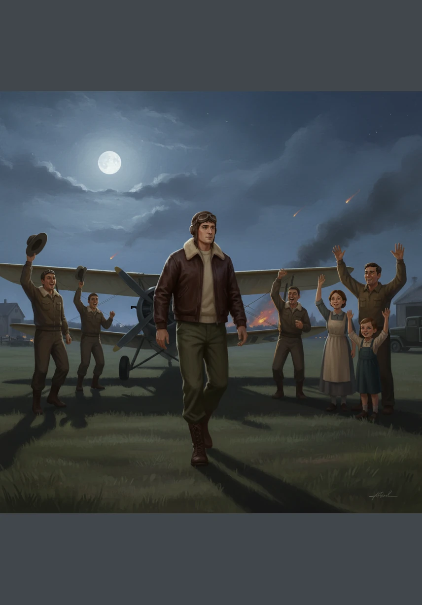 Back at the airfield, Arthur walks away from his resting aircraft as the moon rises, greeted by the cheers of his comrades. He looks back one last time, knowing that while the war continues, the spirit of bravery will always lead the way home.