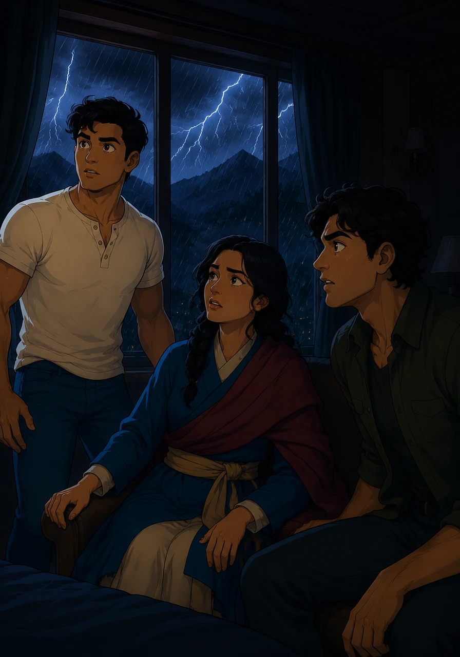 As night fell, a massive thunderstorm rolled over the peaks, cutting off the electricity and plunging the entire mountain resort into complete darkness. The howling wind and heavy rain created an atmosphere of isolation and heightened emotion.
