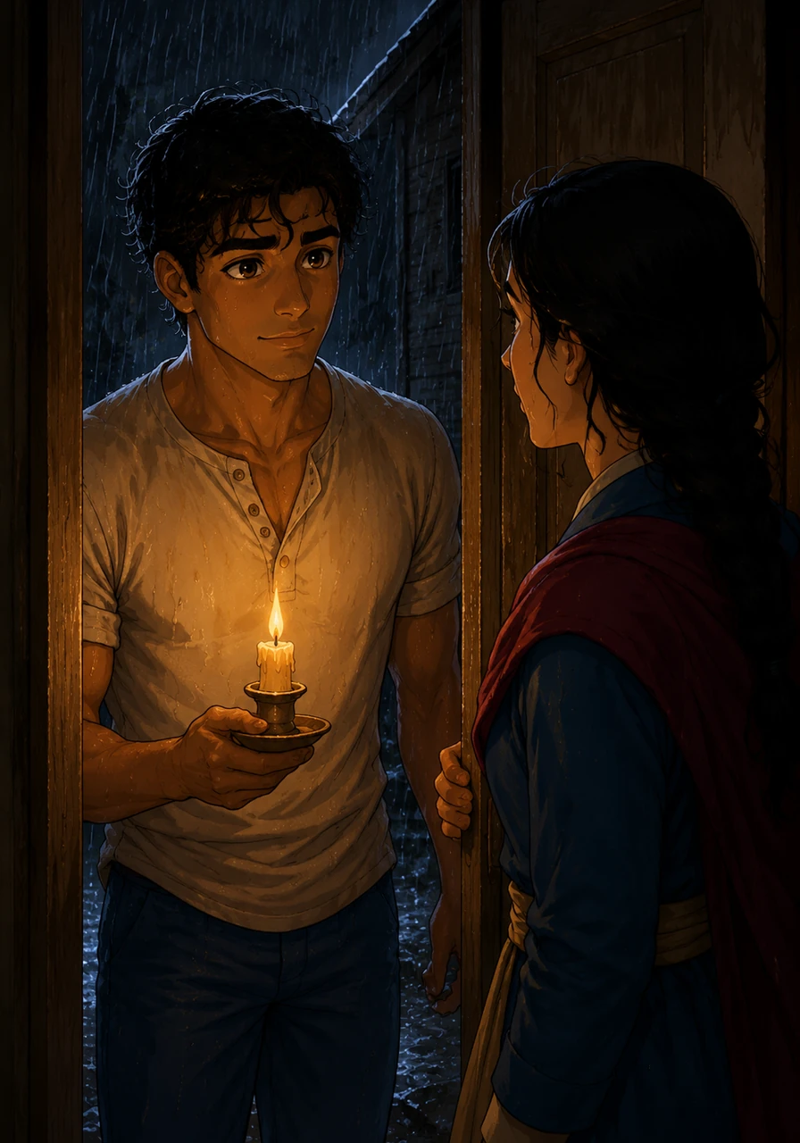 Seeking shelter from the torrential rain, Kabir knocked softly on their door, dripping wet and holding a candle to offer assistance. When Pritilata opened the door, the flickering candlelight cast long shadows, amplifying the raw, undeniable attraction that had been building between them.