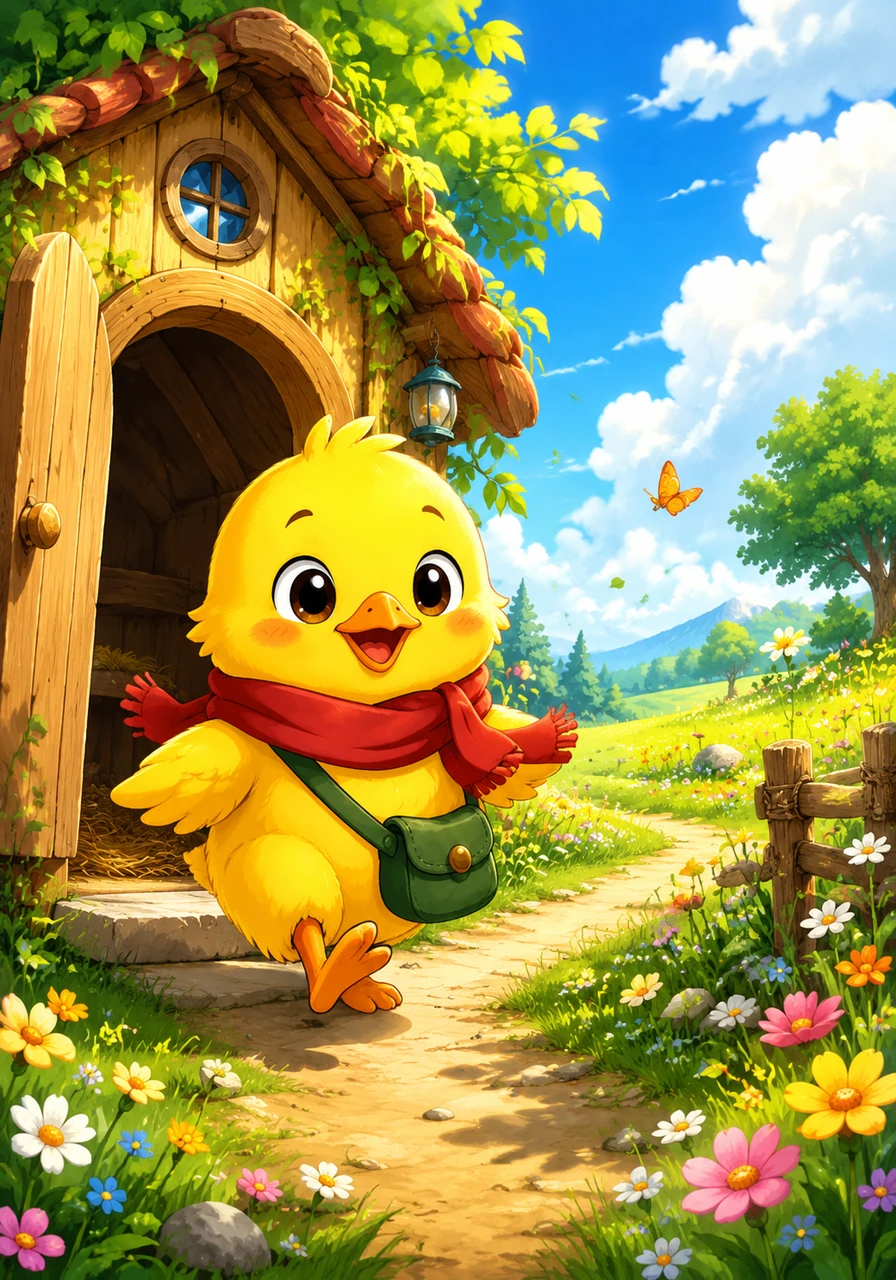 Choo is a little chick. He lives in a small wooden shack near the green meadow. Today, Choo wants to go out for a big walk.
