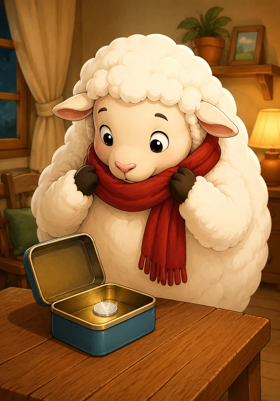 Choo puts on a warm red scarf. He looks into a small tin box on the table. Inside, he finds a shiny silver coin.