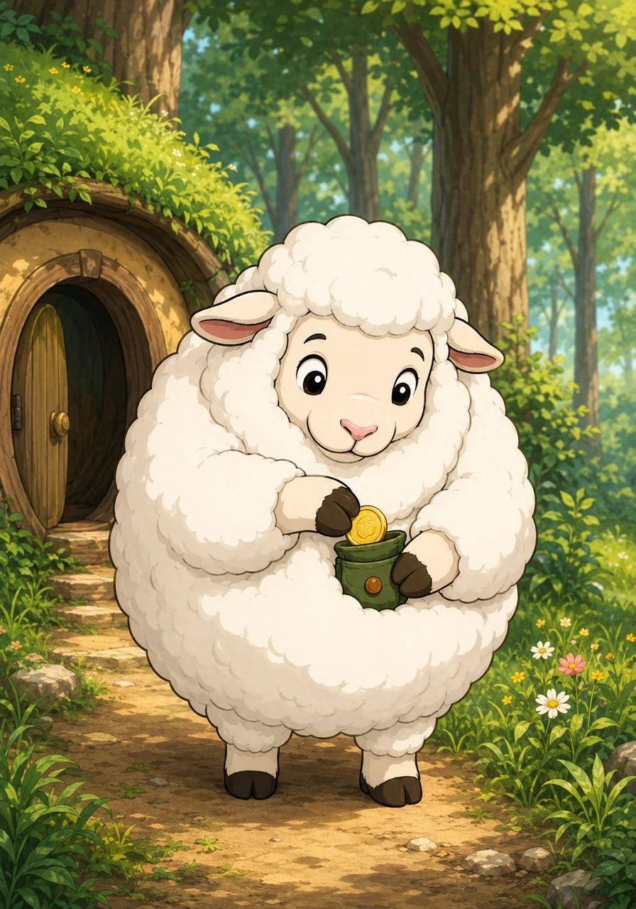 Choo puts the shiny coin safely inside his favorite green pouch. He steps outside his home and enters the quiet forest.