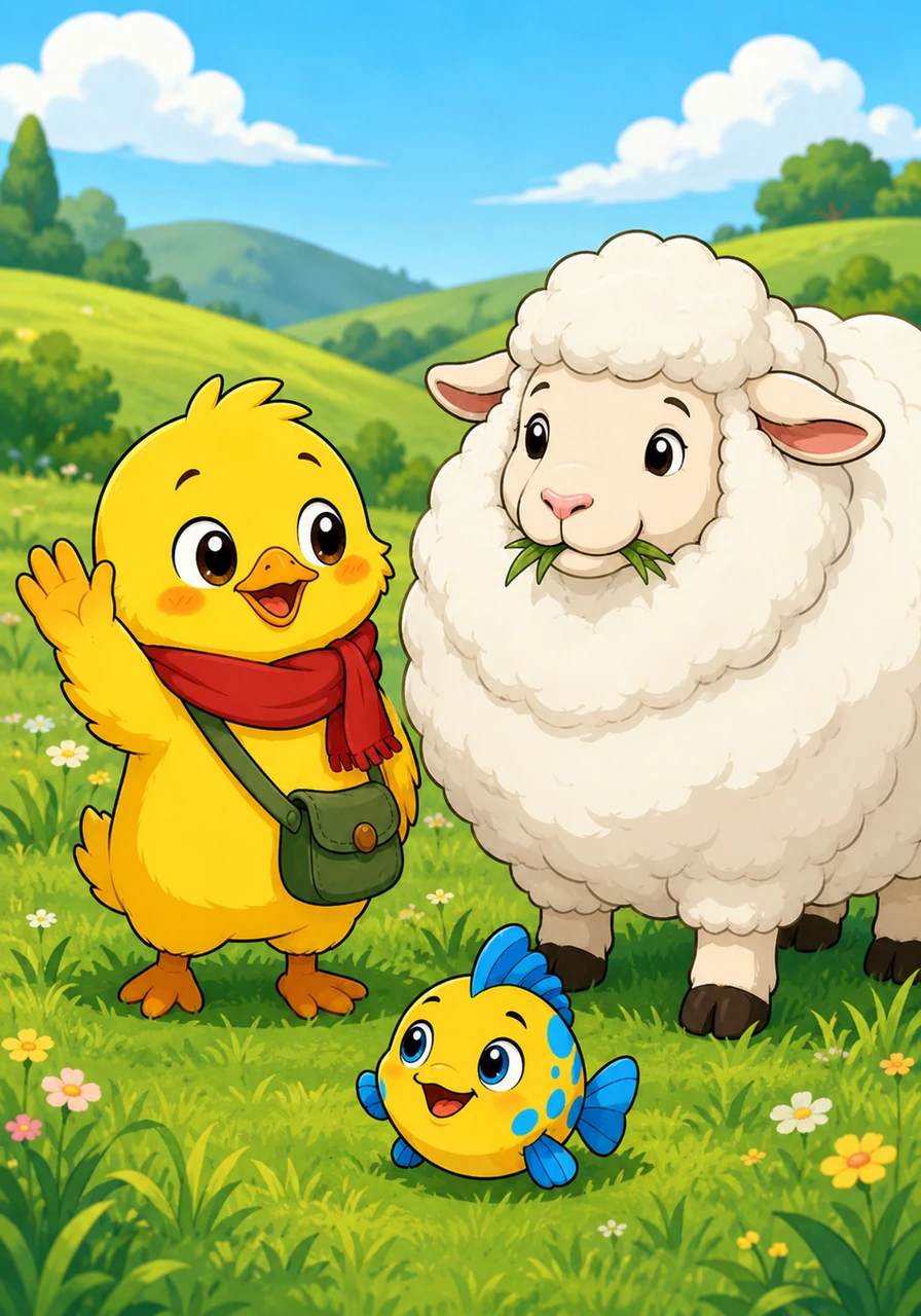 It is his good friend, a big fluffy white sheep. The sheep is chewing on some fresh green grass. Choo waves his hand and says hello.