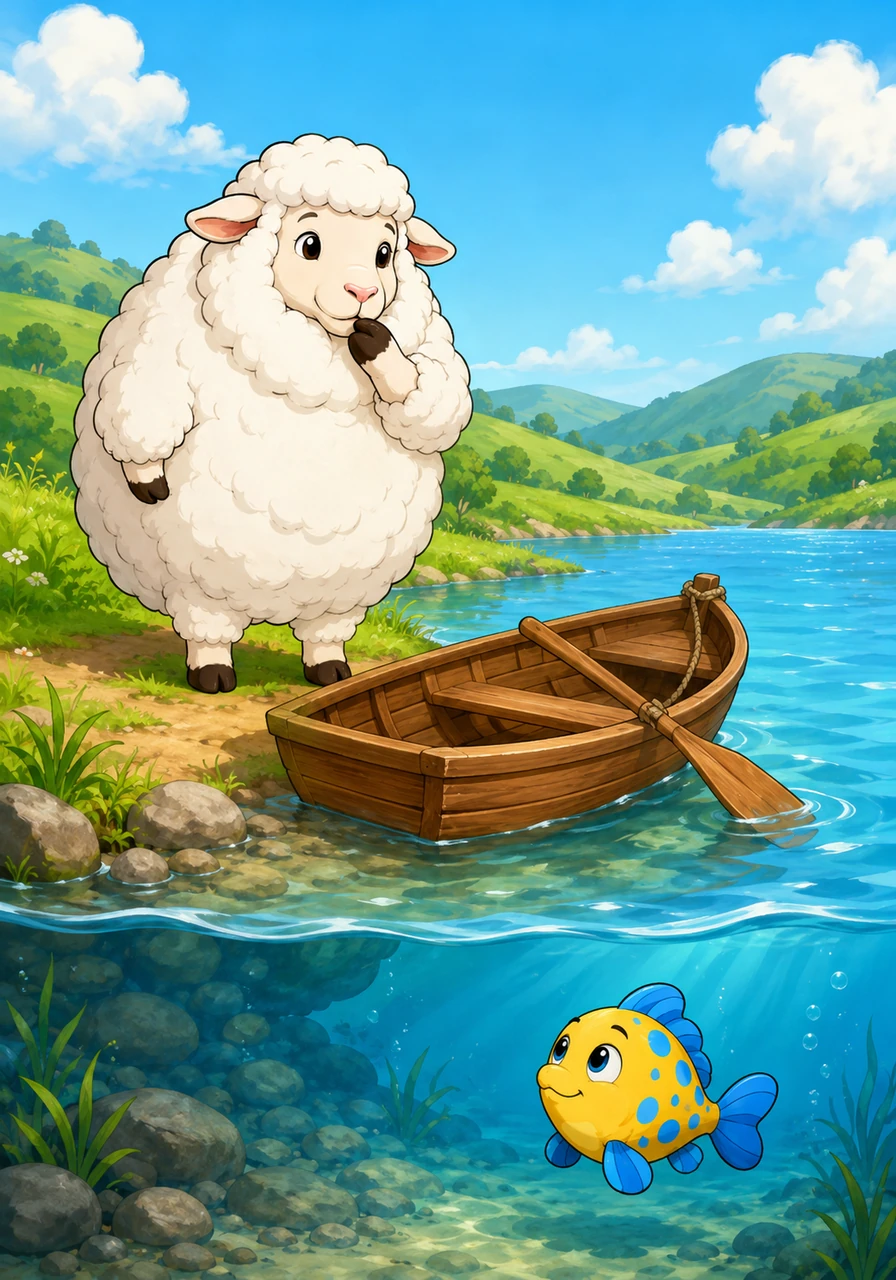 Choo continues his walk until he reaches a clear blue river. He sees a small wooden boat resting by the shore. He wants to cross to the other side.