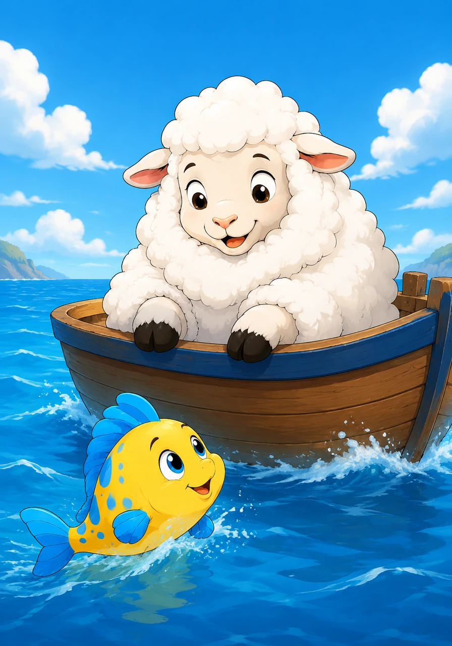A kind little fish swims right up to the boat. The fish guides the boat safely across the deep water. Choo feels very happy and thanks his new friend.