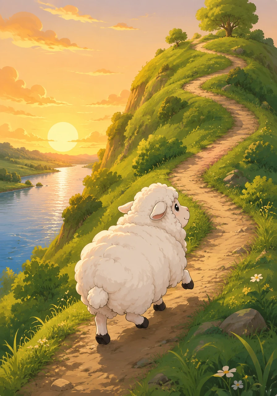 On the other side of the river, Choo sees a tall hill. He climbs up the winding path step by step. The bright sun begins to go down in the sky.