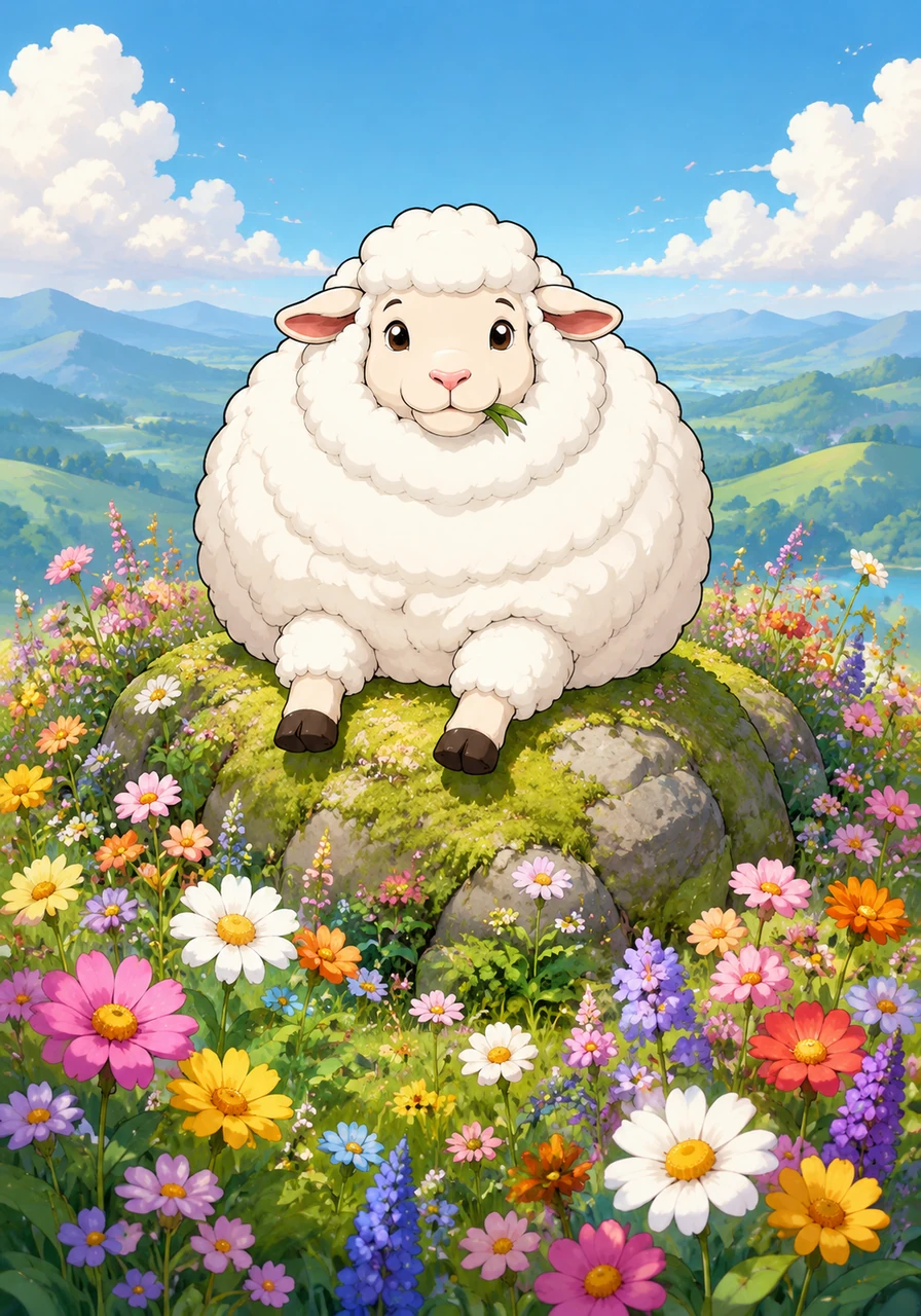 At the very top of the hill, Choo finds a beautiful garden. There are many colorful flowers blooming everywhere. Choo sits down on a soft rock to rest his tired feet.