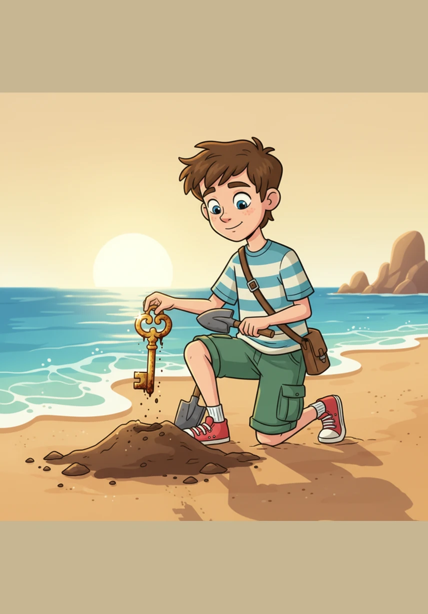 One afternoon, he found a rusted, golden key buried deep in the sand at the edge of the beach. It sparkled under the warm afternoon sunlight, catching his eye for the first time in years.