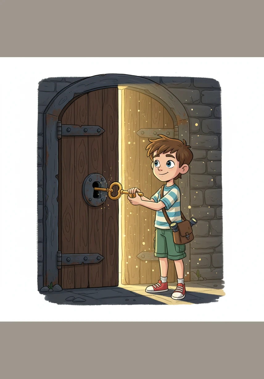 Oliver inserted the key into the lock, and with a loud, heavy creak, the door swung open. Inside, tiny specks of dust danced in the beams of light that filtered through the small, circular windows.