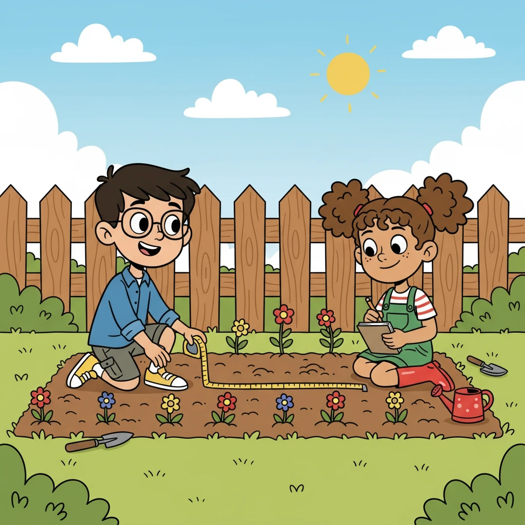 Ben carefully measured the garden plot with a long tape measure, while Mia diligently recorded the dimensions in her notebook. They collaborated, discussing the perfect size and shape for their blossoming project.