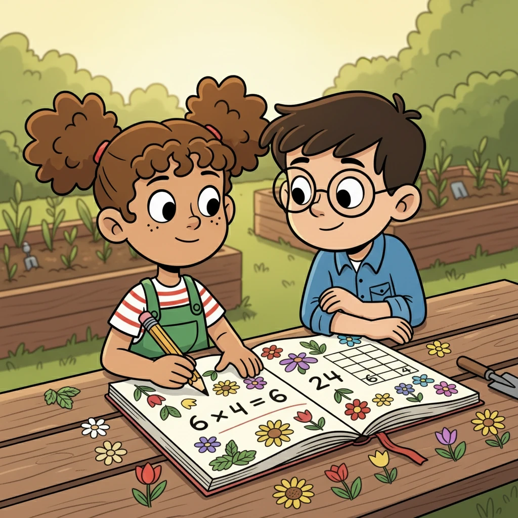 Mia and Ben worked together, solving a multiplication problem (6 × 4 = 24) in their notebook to calculate the area for planting. Colorful flower doodles surrounded the equation, visualizing their blossoming vision.
