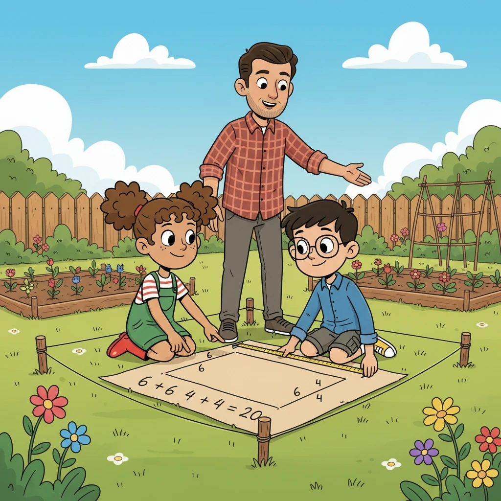 Mr. Cruz pointed to the edges of the plot, starting a discussion. Mia and Ben worked together to figure out the fencing needs with addition (6 + 6 + 4 + 4 = 20), planning how to protect their garden.