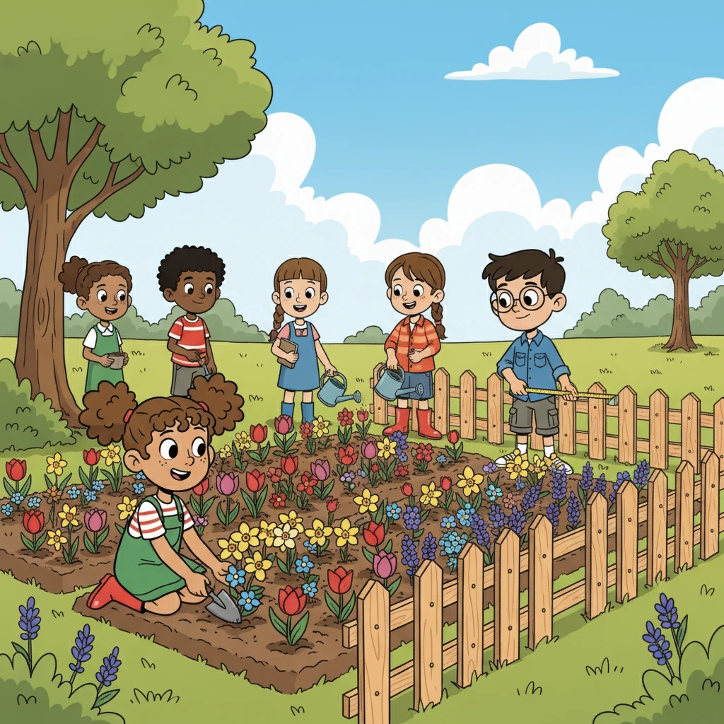 With teamwork and care, Mia, Ben, and their classmates planted flowers of all colors, then together put up a wooden fence around their new garden. A sense of accomplishment bloomed with every step.