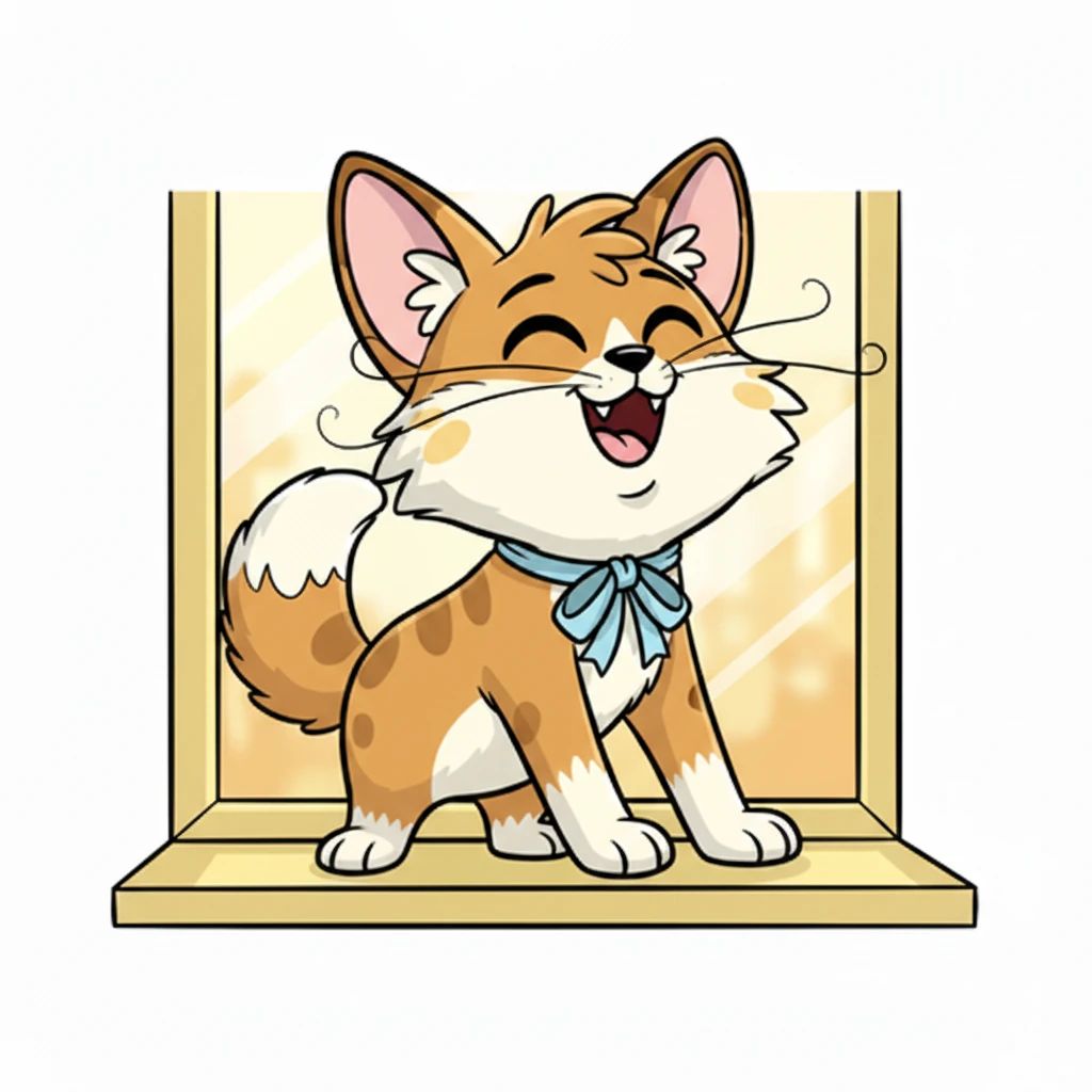 Button, a fluffy brown cat with a strikingly white belly, stretches luxuriously on a sun-drenched windowsill. Her eyes are half-closed in pure bliss, and a tiny smile plays on her expressive face as golden light bathes her.