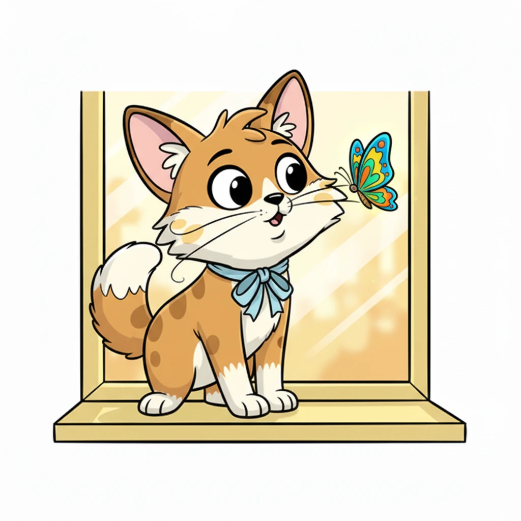 Suddenly, a vibrant, multi-colored butterfly flutters past the window. Button's relaxed posture vanishes instantly; her eyes widen into huge, sparkling saucers, and her pointy ears swivel forward, fully alert.