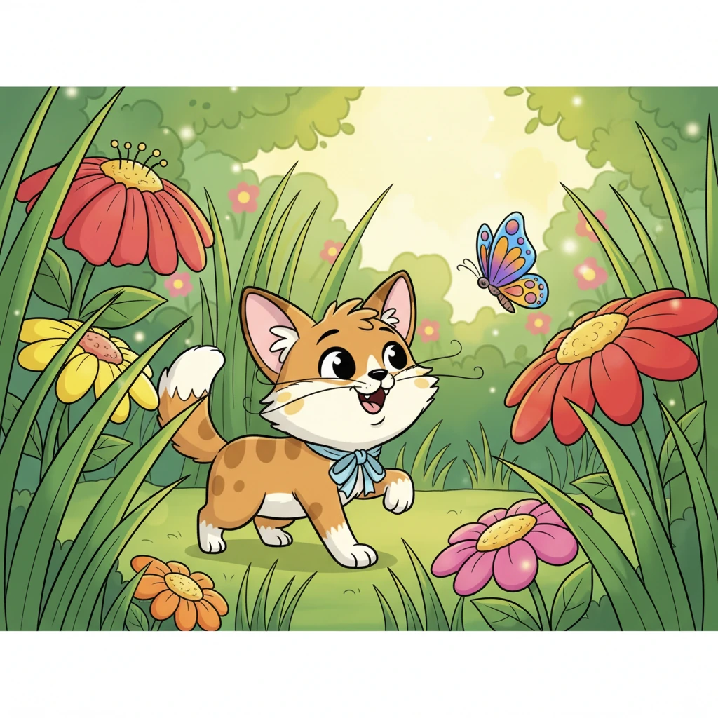 Driven by curiosity, Button tiptoes into the lush garden, her body low to the ground. She creeps through tall green grass, her tail twitching with anticipation, as the butterfly dances just out of reach among the bright blossoms.