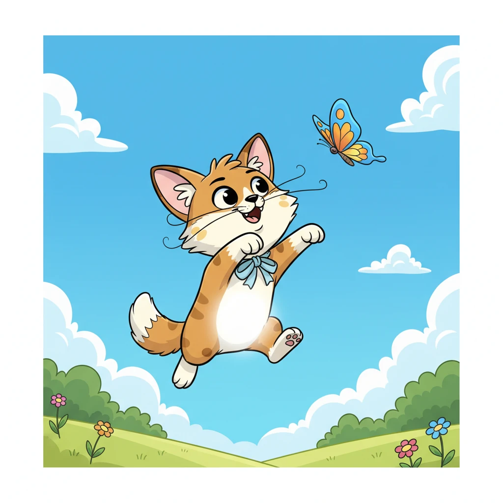With a mighty surge of energy, Button launches herself into the air, all four paws tucked in, aiming for the elusive butterfly. Her fluffy white belly gleams like a small cloud against the bright blue sky as she soars.