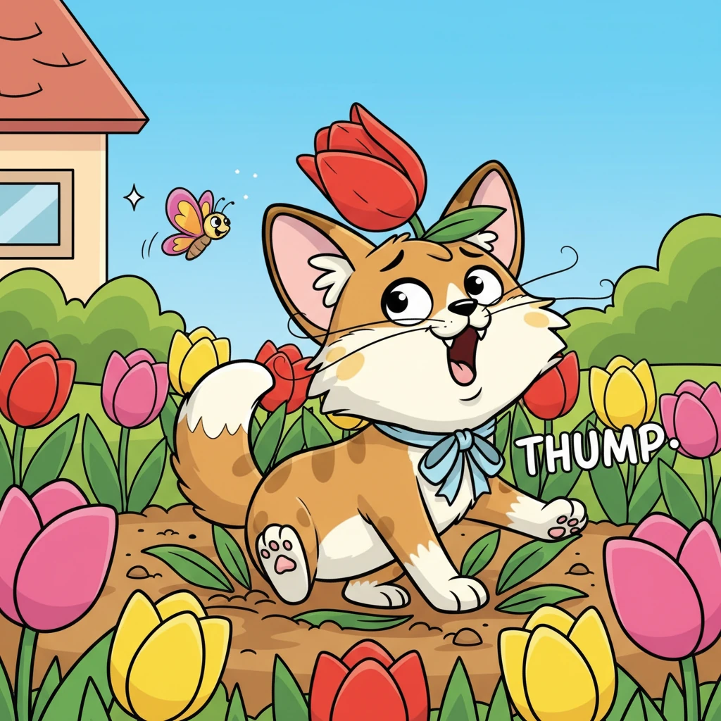 Instead of the butterfly, Button lands with a comical "thump" right in the middle of Grandma's prize tulips. The butterfly playfully zips away, leaving Button with a bright red tulip blossom comically perched on her head like a fancy hat.