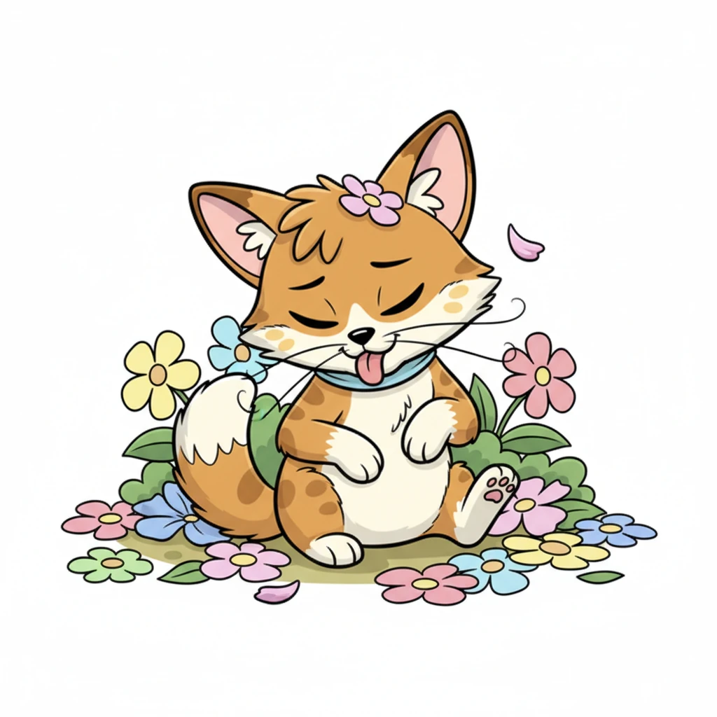Sitting amidst the slightly squashed flowers, Button shakes her head, dislodging the petal. She then meticulously begins to lick her pristine white belly, trying to smooth her fur and regain her composure with an air of exaggerated dignity.