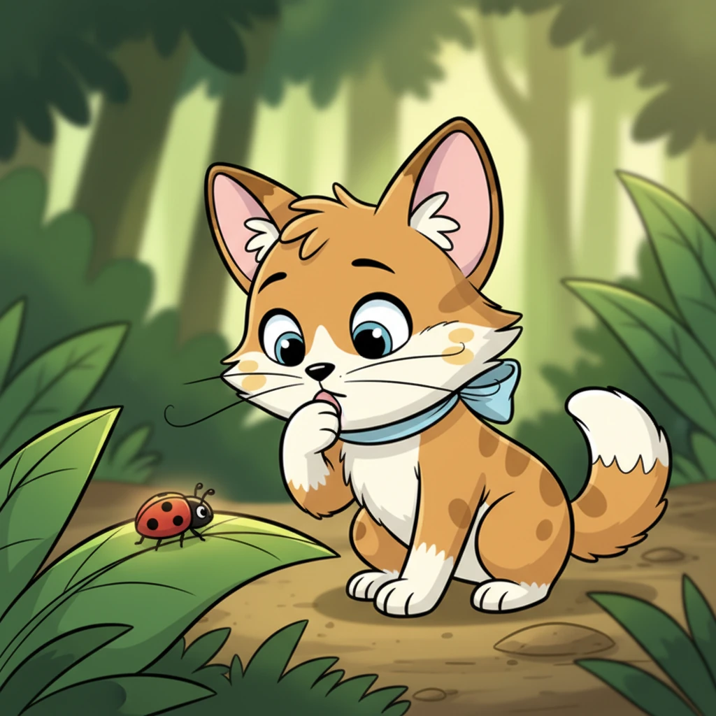 As Button grooms, a tiny, bright red ladybug with black spots crawls slowly across a nearby green leaf. Button pauses her licking, her wide eyes now focused softly on the little bug, a gentle curiosity replacing her earlier hunting zeal.