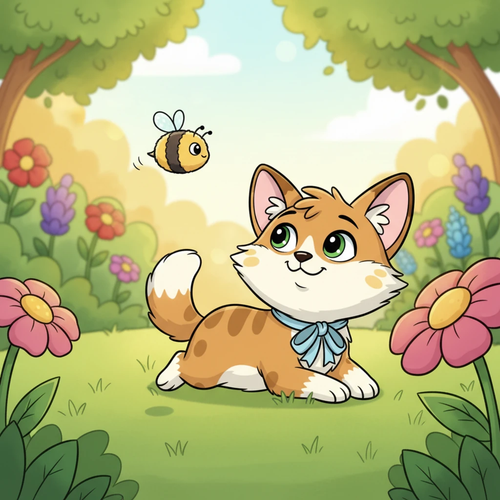 Button settles down, content to simply observe the bustling garden around her. She watches a busy bee buzz from flower to flower and feels the warm sun on her fur, discovering a new kind of joy in peaceful observation.