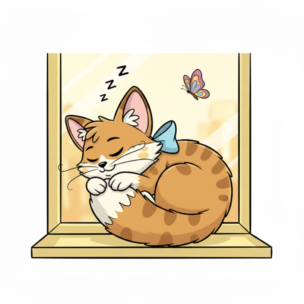 Button curls into a tight, fluffy ball on her windowsill, purring softly as she drifts off to sleep. Through the window, the colorful butterfly can still be seen dancing in the distance, a happy memory for Button's sweet dreams.