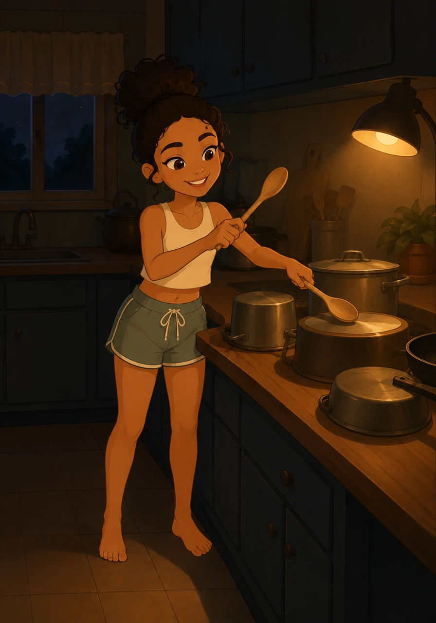 Luana was awake long before the sun, feeling a playful rhythm bubbling inside her. In the quiet kitchen, illuminated only by a warm lamp, she used wooden spoons to tap out a 'Tung tung tung sahur' beat on her mother's pots and pans.