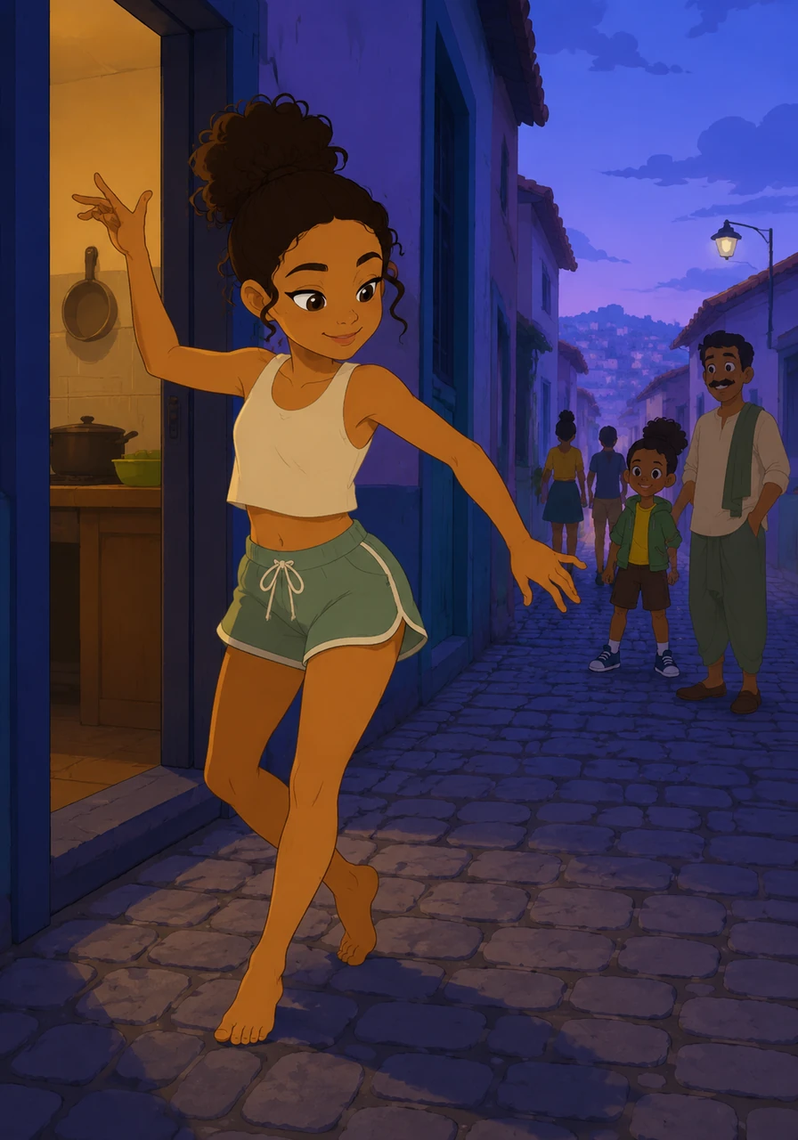 The heavy beat pulsed like a living thing, drawing Luana out of the quiet kitchen and into the narrow, cobblestone street outside. She danced to the unique rhythm, her movements small and precise in the cool indigo light of the early morning.