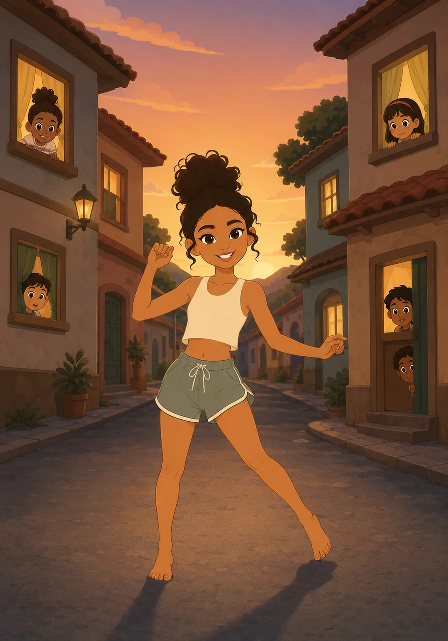 Windows slowly began to glow with warm light as the neighborhood children woke to Luana's dance. They peeked out, eyes wide with curiosity, wondering about the unusual 'phonk' sound echoing through their quiet town.