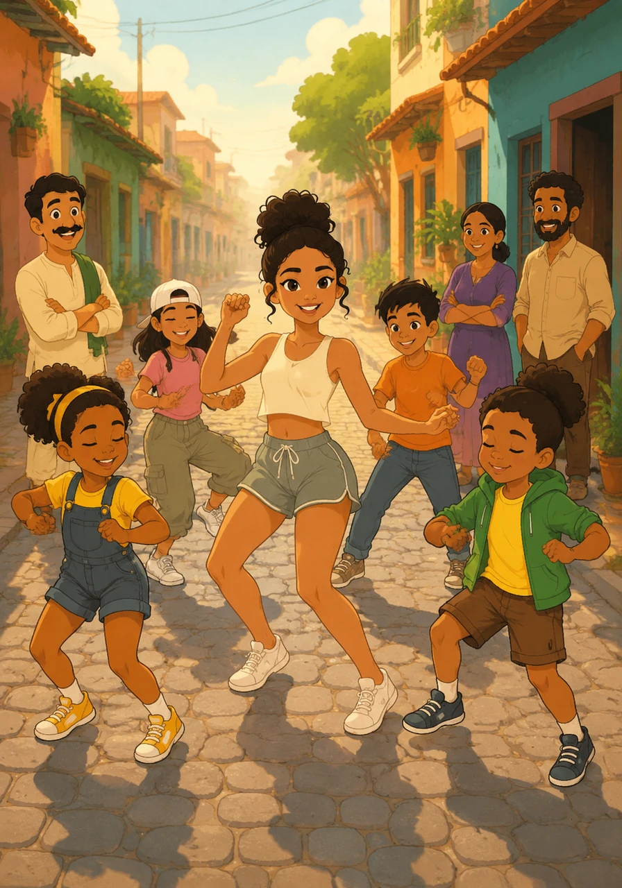 One by one, the children joined Luana on the cobblestones, the hypnotic 'tuff phonk' beat connecting them. The group dance grew energetic, visualizing the heavy, powerful bass that filled the morning air.