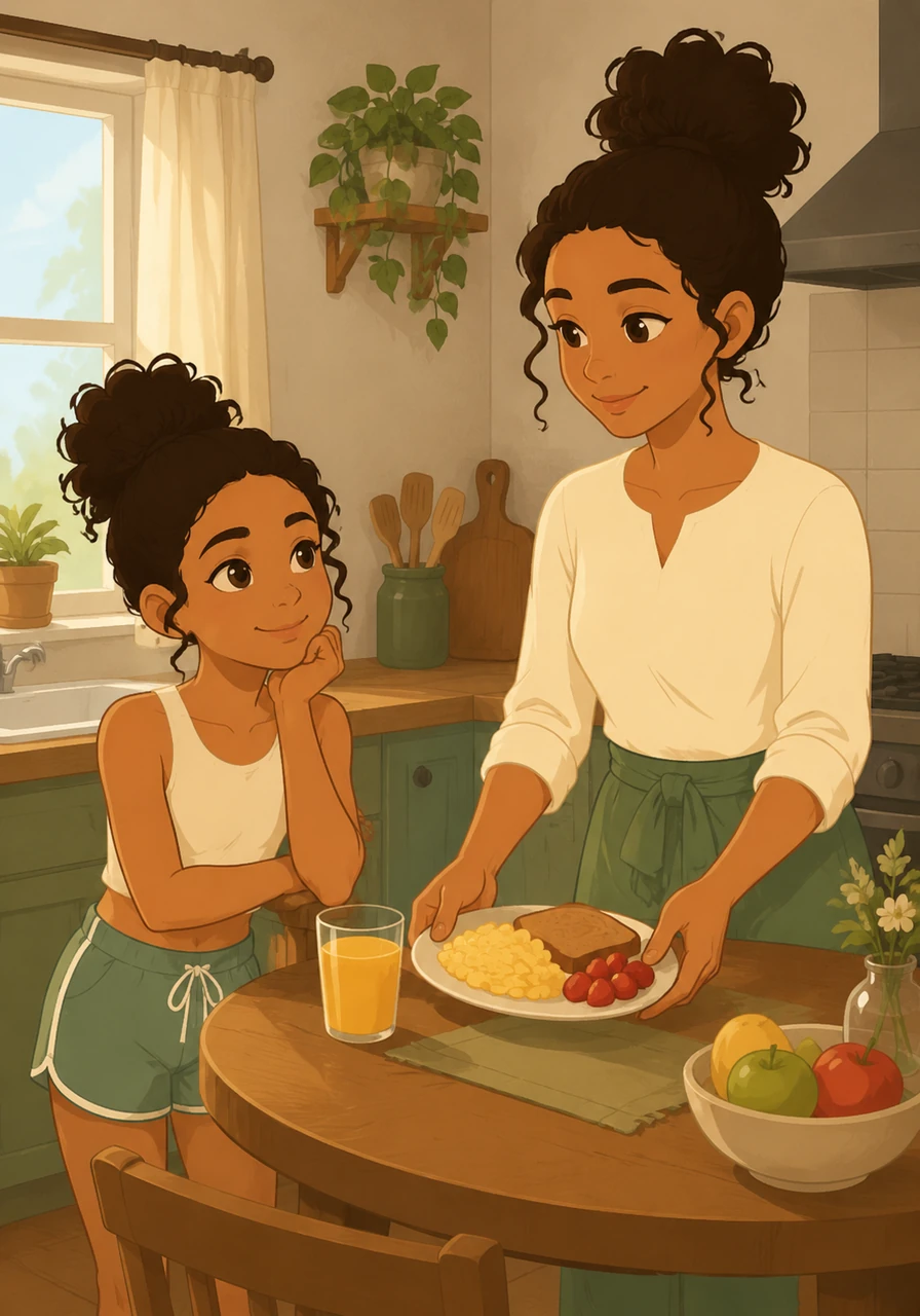 Luana returned to her now quiet kitchen, the powerful 'tuff phonk' melody still echoing softly in her mind. Her mother, now smiling warmly, served a simple morning meal, acknowledging the magical night.