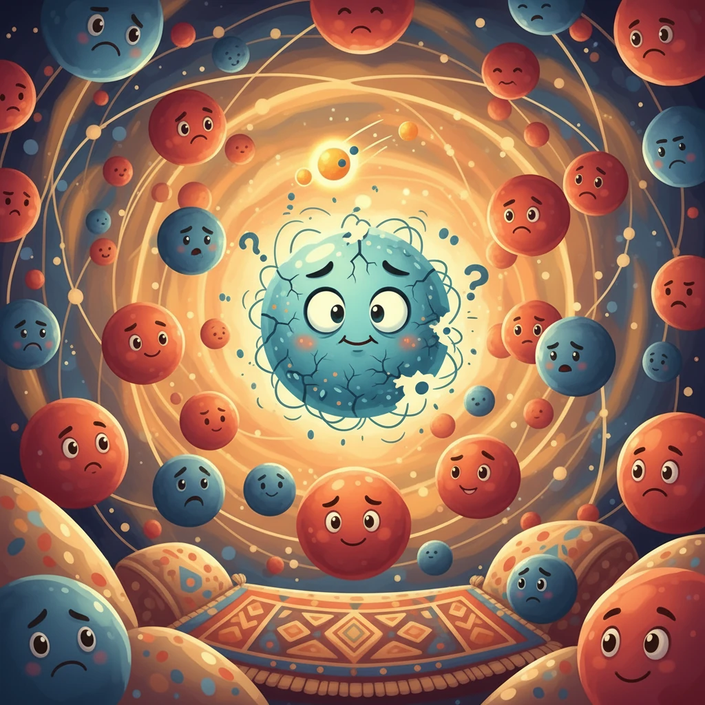 في اليوم الثالث، لم يعد نيوترون يحتمل الاهتزاز. بدأ في التحلل، وأطلق جسيم ألفا. تغيرت أرقامه، وأصبح نواة جديدة. شعر بالارتياح، لكنه لم يكن مستقراً تماماً بعد. التحلل مستمر، والاقتراب من الاستقرار هو طريقه.