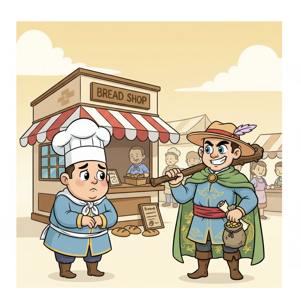 在热闹的市集一角，面包师小胖愁眉苦脸地看着自己的面包店。有时，一些调皮的“捣蛋鬼”会来捣乱，让他的生意很难做。为了让小店平平安安，他得给一个“特别”的人一些钱，这样就没人敢来欺负他了。