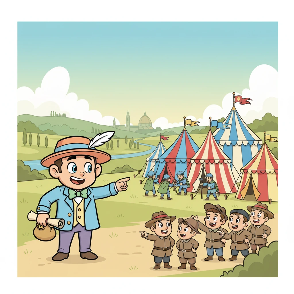 霍克小爵爷和他的士兵们乘船来到了阳光明媚的意大利。他们在佛罗伦萨附近的田野里安营扎寨，高大的帐篷和飘扬的旗帜立刻吸引了人们的目光。意大利的朋友们都很好奇这支远道而来的队伍。