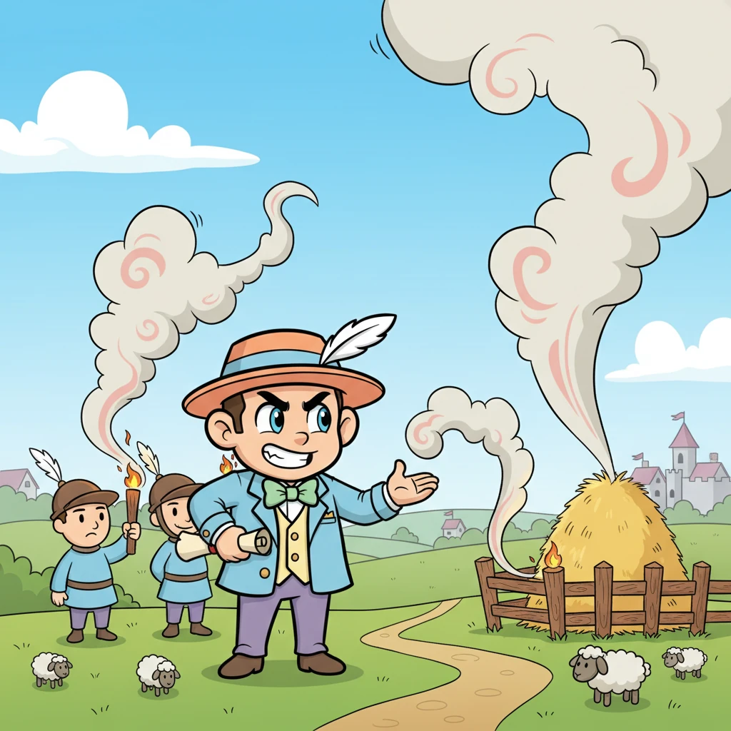 霍克小爵爷想出了一个“好主意”。他带着士兵们来到一个城邦的郊外，轻轻地“点燃”了一两个农场。当然，这只是象征性的火苗，冒着夸张的卡通烟雾，并没有造成真正的破坏，只是为了引起大家的注意。