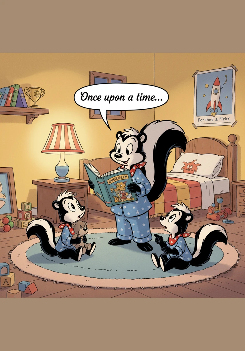 Sammy the Skunk stands in front of his bedroom mirror, proudly wearing his bright red-and-white striped swim trunks. He flexes his little muscles and imagines he’s a world-class Olympic swimmer ready for the big splash.