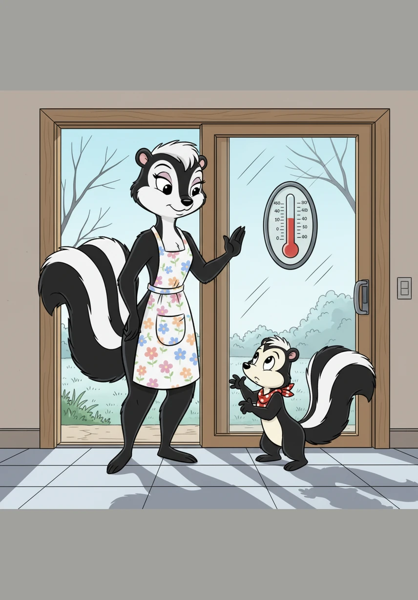 As Sammy reaches the sliding glass door, his mother, a tall and elegant skunk in a floral apron, holds up a warning paw. She points at the thermometer outside, shaking her head because the morning air is still much too chilly for a swim.