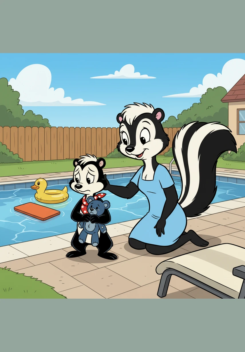 Sammy pouts and gives his mom the biggest, saddest puppy-dog eyes he can muster, hoping to change her mind. He points at his trunks and the pool, insisting that he is a brave skunk who doesn't mind a little breeze.