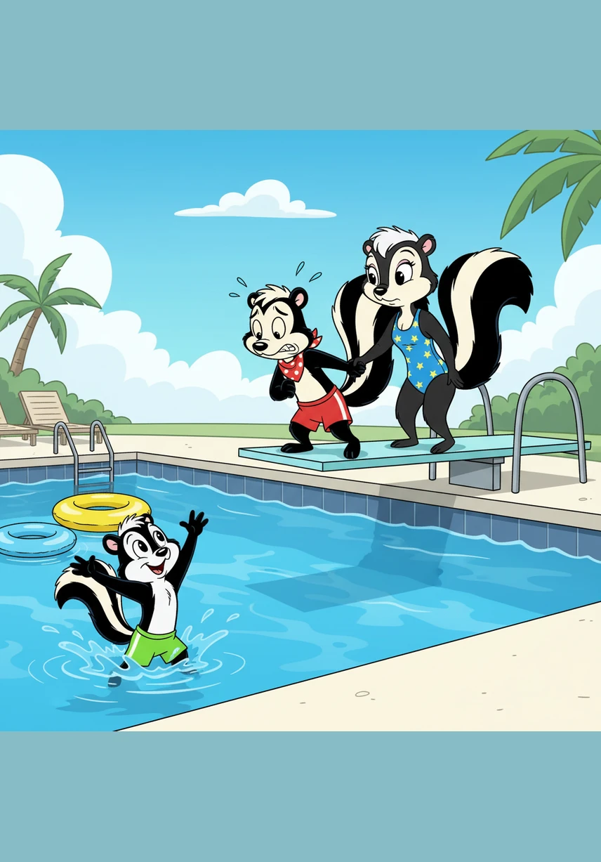 He tries to be brave and steps onto the first ladder rung, but his whole body begins to shake like a leaf in a storm. His shivering shoulders and trembling whiskers tell the story of a skunk who is definitely not ready for a dip.