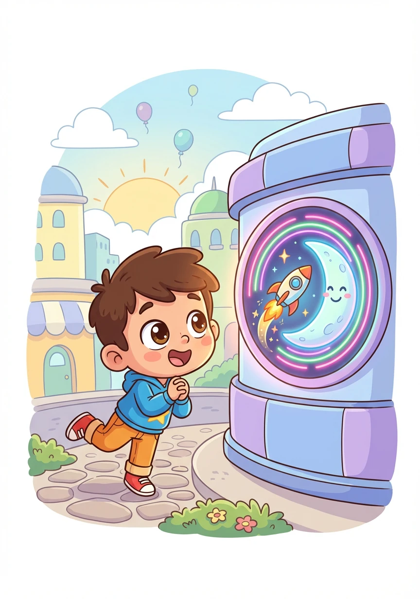 José, un niño curioso, descubre un anuncio brillante de 'Rocket In The Moon', una nueva plataforma de juegos. El logo, un cohete estilizado viajando hacia una luna llena con colores neón, lo hipnotiza al instante.
