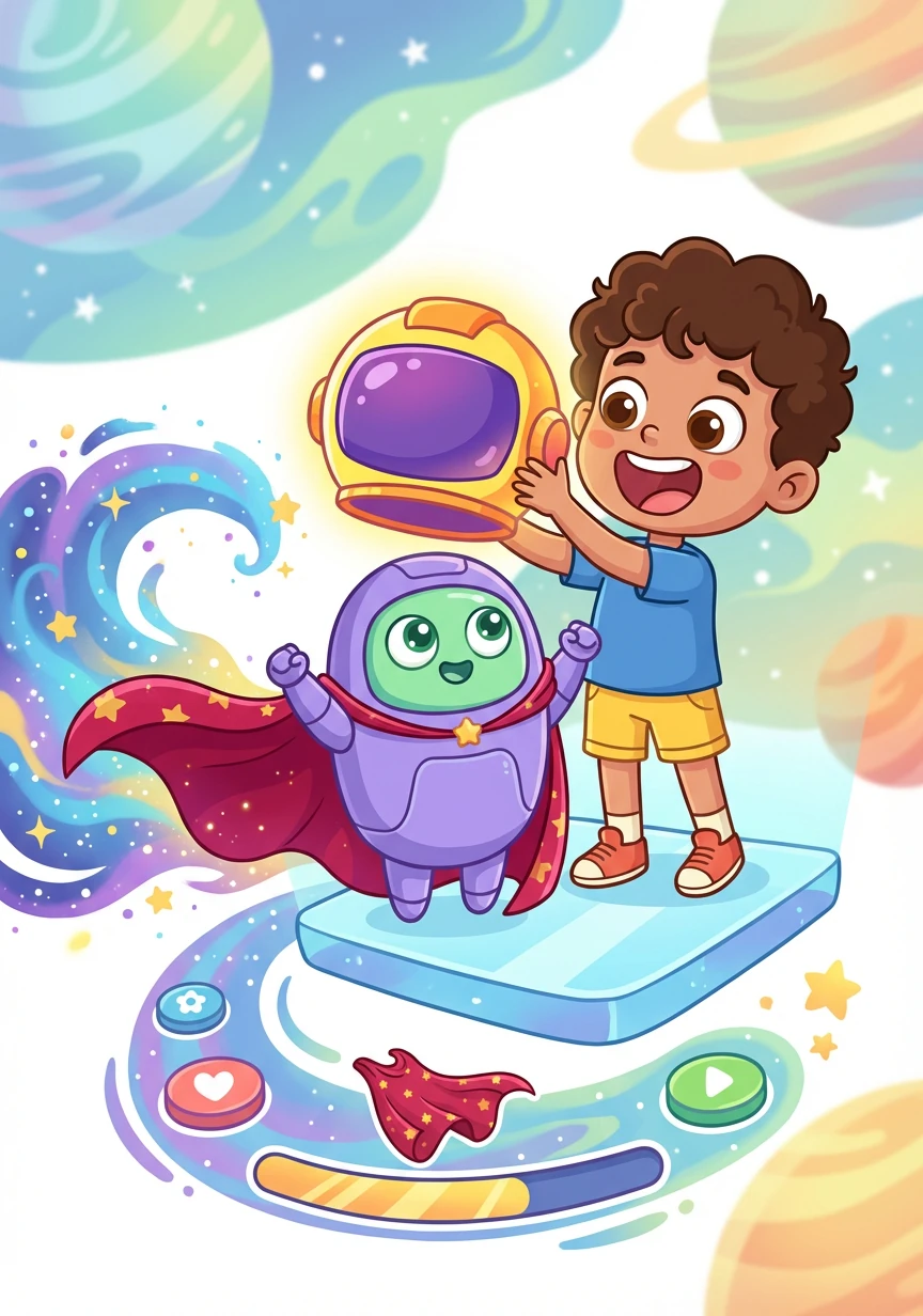 José decide personalizar su avatar. Le pone un casco espacial brillante y una capa que ondea con el viento cósmico.