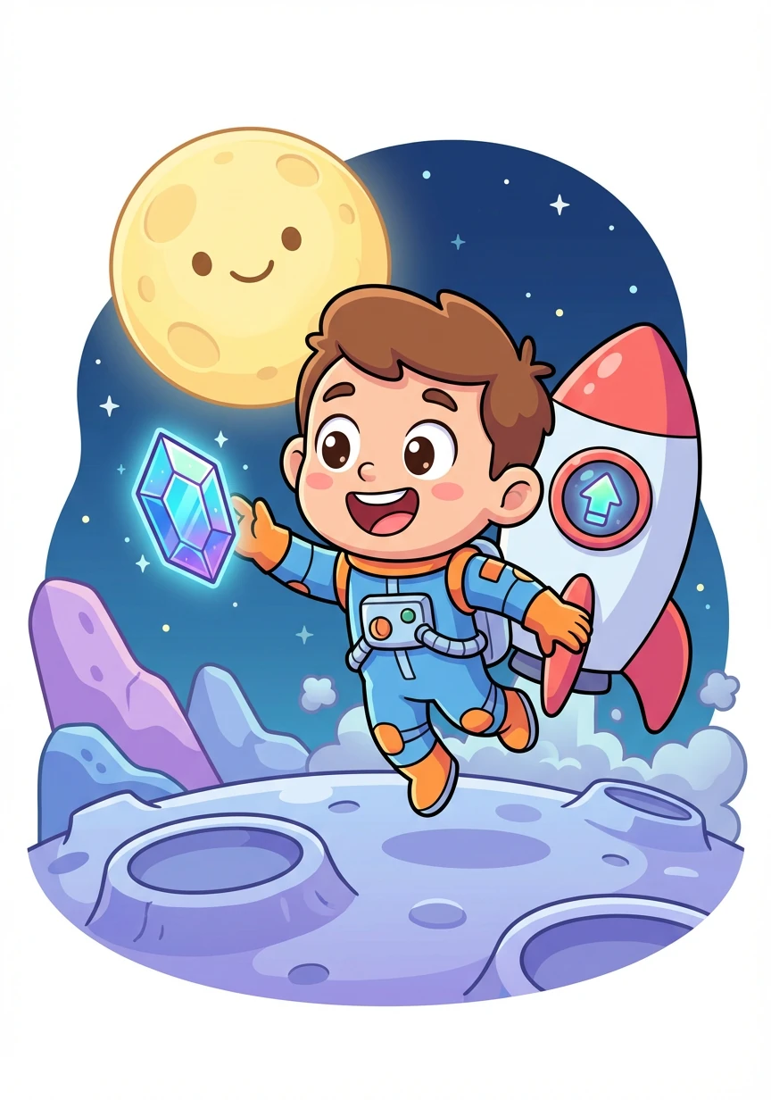 El primer juego que prueba es 'Aventura Lunar', donde debe recolectar cristales lunares para mejorar su cohete y llegar a la luna llena.