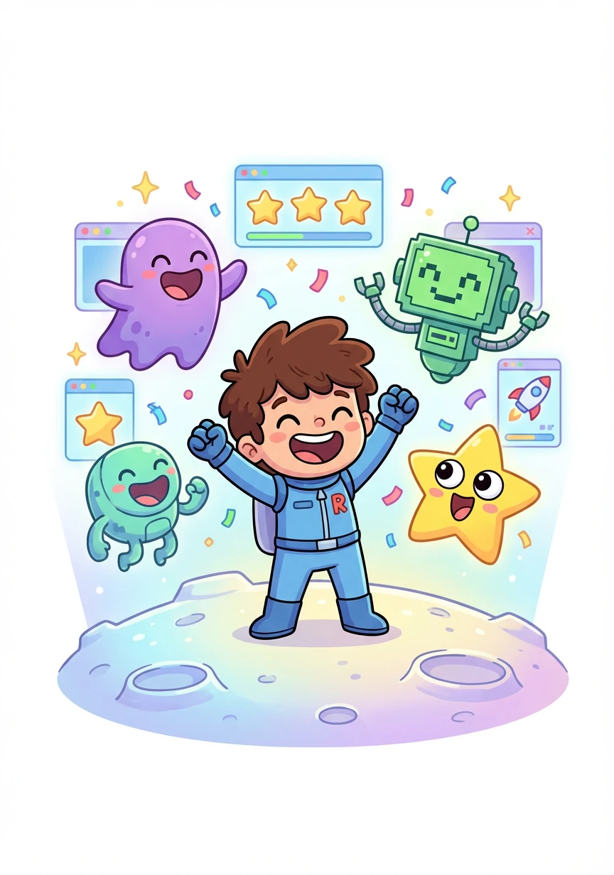 Finalmente, José logra llegar a la luna llena. Celebra su victoria con sus amigos virtuales, sabiendo que 'Rocket In The Moon' es mucho más que un juego: es un lugar para soñar y crecer.